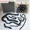 Complete performance honda civic radiator kit for 1996-2000 Honda Civic EK/EJ/EK9 with D15/D16 SOHC engine, including a large aluminum radiator, electric cooling fan, and black silicone radiator hoses